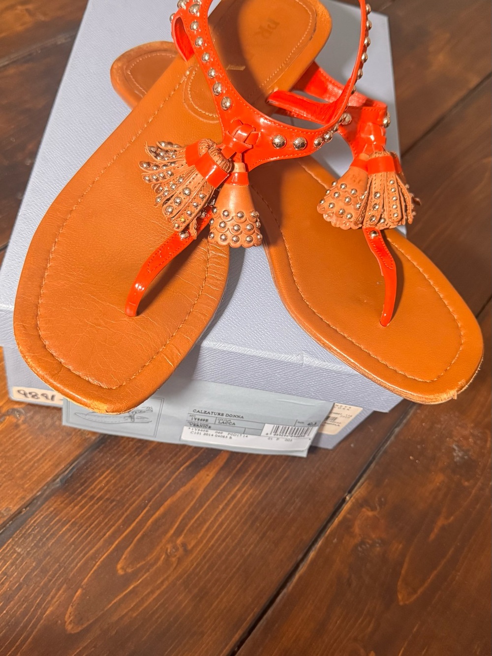 Authentic PRADA Women's Red Brown Studded Tasseled Thong Leather Sandals US 10.5